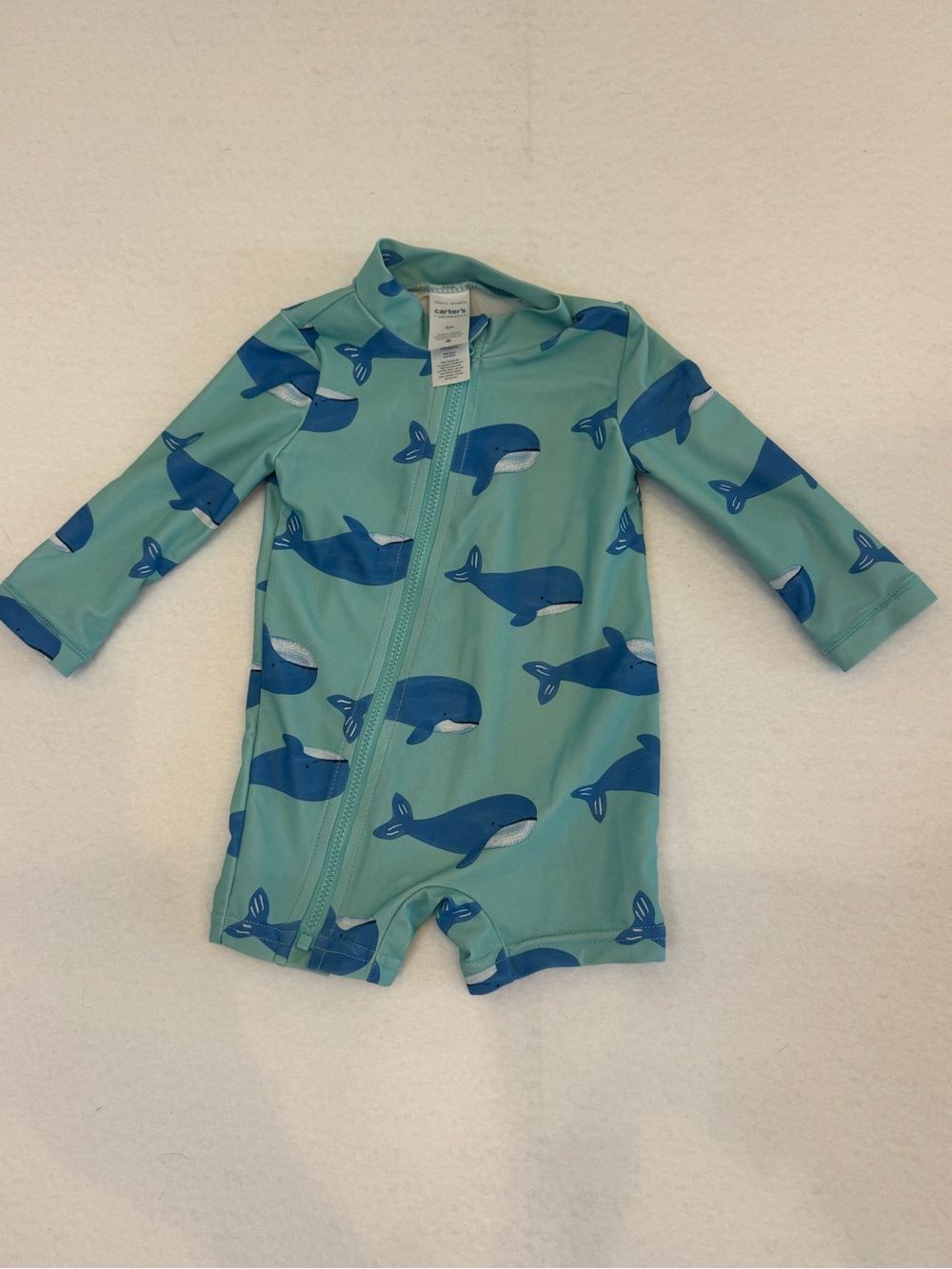 Carter's Aqua Long-Sleeve Rashguard Romper with Blue Whale Print